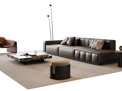 Modern Leather Sofa And Coffee Table Set With Marble Top Ottoman And Floor Lamp 3d model
