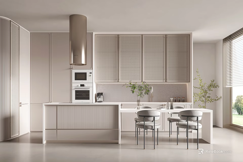 Modern Open Kitchen Interior Design With Island Counter And Appliances 3d model