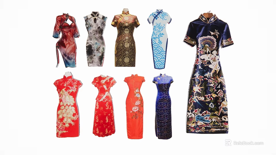 Collection Of Beautiful Traditional Chinese Qipao Dresses In Varied Styles 3d model 