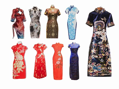 Collection Of Beautiful Traditional Chinese Qipao Dresses In Varied Styles 3d model