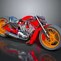 Red Motorcycle With Yellow Wheels And Silver Engine On Reflective Surface 3d model
