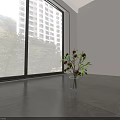 Spacious Exhibition Hall Cultural Wall With Large Windows Green Trees And Gray Tile Floor