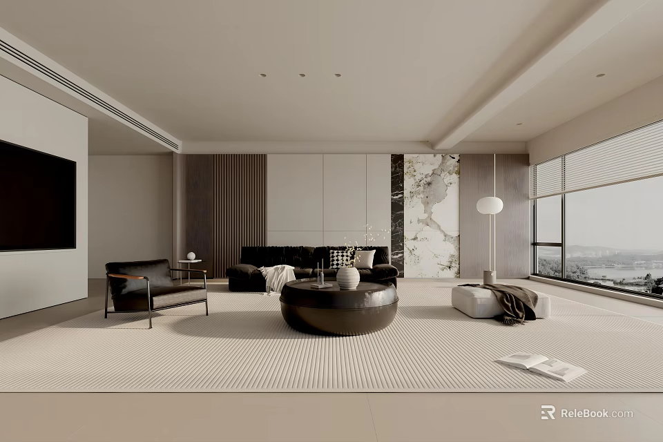 Modern Living Room Interior With Black Sofa Round Coffee Table Large Windows And Wall Decor 3d model 