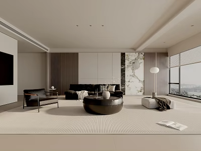 Modern Living Room Interior With Black Sofa Round Coffee Table Large Windows And Wall Decor 3d model