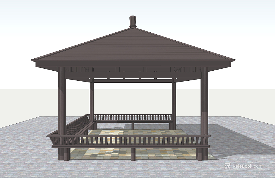 Traditional Wooden Pavilion With Dark Roof Columns Seats And Paved Floor 3d model 