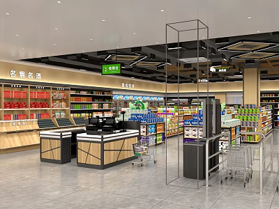 Modern Supermarket Interior With Shelves Various Products Checkout Counters And Shopping Carts 3d model