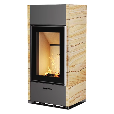 Modern Fireplace With Wooden Texture Black Frame And Burning Flame Interior 3d model