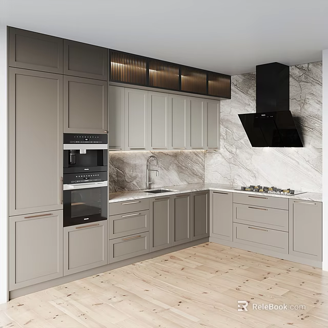 Modern Kitchen Interior With Grey Cabinets Marble Wall Black Range Hood And Built In Oven 3d model 