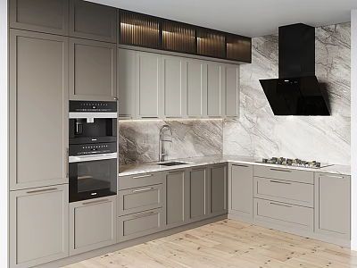 Modern Kitchen Interior With Grey Cabinets Marble Wall Black Range Hood And Built In Oven 3d model