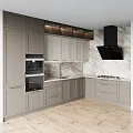 Modern Kitchen Interior With Grey Cabinets Marble Wall Black Range Hood And Built In Oven