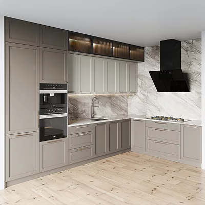 Modern Kitchen Interior With Grey Cabinets Marble Wall Black Range Hood And Built In Oven 3d model