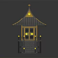 Traditional Japanese Pavilion 3D Model With Gray Roof Yellow Decorations Stairs And Railings