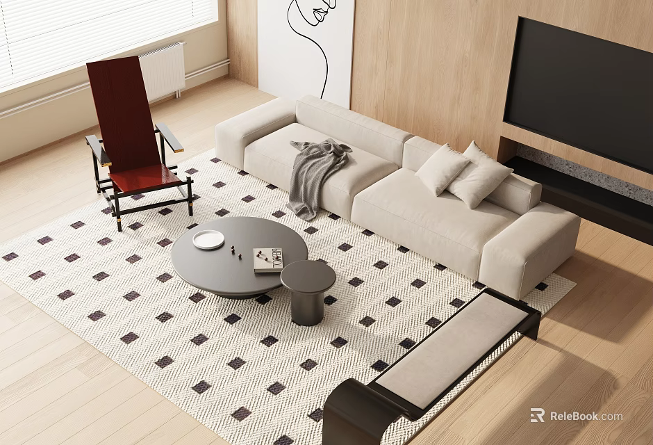 Modern Living Room Interior With Beige Sofa Round Coffee Table Checkered Rug And Accent Chair 3d model 