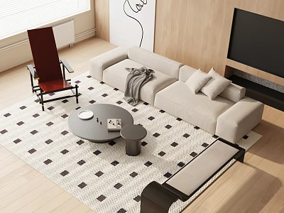 Modern Living Room Interior With Beige Sofa Round Coffee Table Checkered Rug And Accent Chair 3d model