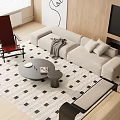 Modern Living Room Interior With Beige Sofa Round Coffee Table Checkered Rug And Accent Chair