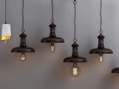 Vintage Industrial Pendant Lights With Black Metal Shades And Edison Filament Bulbs 3d model