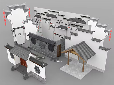 Chinese Traditional Building Exterior Wall with White Walls Gray Tiles and Hanging Red Lanterns 3d model