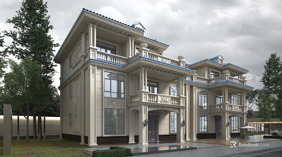 Classical Detached Villa Exterior Design With Stone Facade Balconies And Landscaped Driveway 3d model 