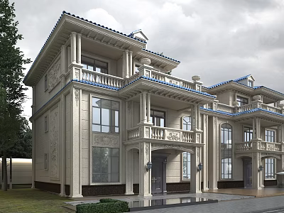 Classical Detached Villa Exterior Design With Stone Facade Balconies And Landscaped Driveway 3d model