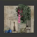 Detailed Decorative Garden Corner With Stone Walls Pink Flowering Vines Bench And Petals