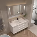 Modern Bathroom Vanity With LED Lit Mirror White Cabinet Faucet Potted Plant And Soap Dispenser