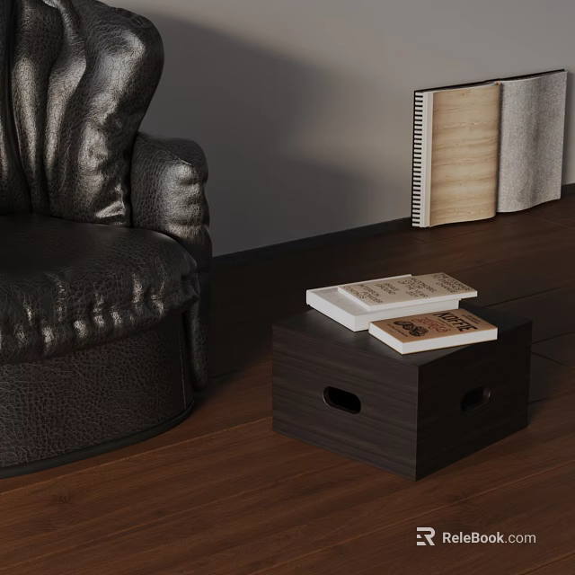 Dark Wooden Side Table With Books Beside Black Leather Armchair On Wooden Floor 3d model 