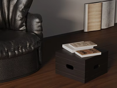 Dark Wooden Side Table With Books Beside Black Leather Armchair On Wooden Floor 3d model