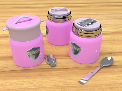 Three Pink Insulated Stainless Steel Cups With Secure Lid And Spoon 3d model