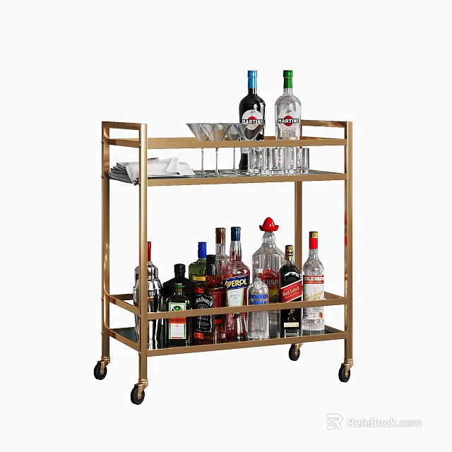 Modern Golden Two Tiered Bar Cart With Various Liquor Bottles And Glassware 3d model 