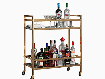 Modern Golden Two Tiered Bar Cart With Various Liquor Bottles And Glassware 3d model
