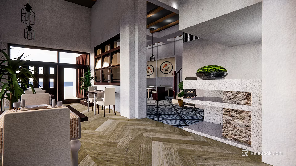 Modern Restaurant Interior With Wooden Herringbone Flooring Counter Tables Chairs Decorative Plants Wall Clocks 3d model 