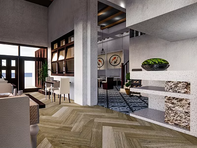 Modern Restaurant Interior With Wooden Herringbone Flooring Counter Tables Chairs Decorative Plants Wall Clocks 3d model