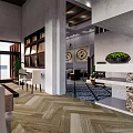 Modern Restaurant Interior With Wooden Herringbone Flooring Counter Tables Chairs Decorative Plants Wall Clocks