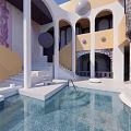 Elegant Modern Swimming Pool Area Featuring White Arches Staircase And Circular Decor 3d model