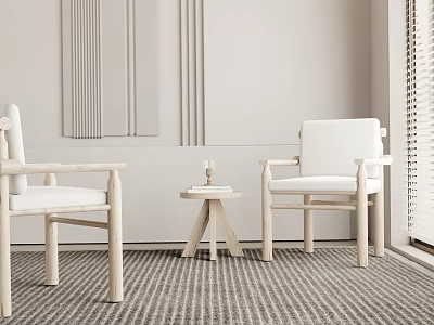 Modern White Wooden Table And Chairs Set In Minimalist Interior With Striped Rug And Light Walls 3d model