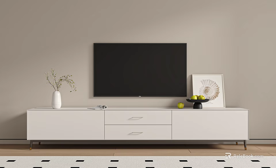 White TV Stand With Flat Screen TV Decorative Vase Fruit Bowl And Artwork 3d model 