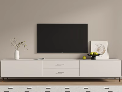 White TV Stand With Flat Screen TV Decorative Vase Fruit Bowl And Artwork 3d model