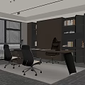 Contemporary Office Interior With Spacious Desk Ergonomic Chairs Built in Bookshelves And Large Windows