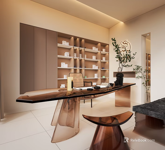 Modern Retail Store Interior With Elegant Shelves Glass Table Displayed Items And Decorative Plants 3d model 