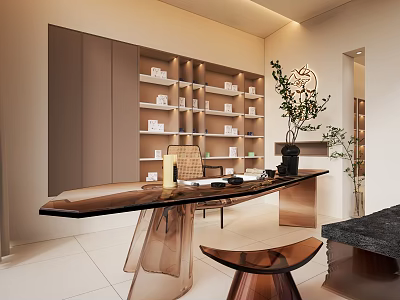 Modern Retail Store Interior With Elegant Shelves Glass Table Displayed Items And Decorative Plants 3d model