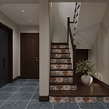 Tiled Staircase With Wooden Handrail In Interior Entryway Blue Tiled Floor And Potted Plant