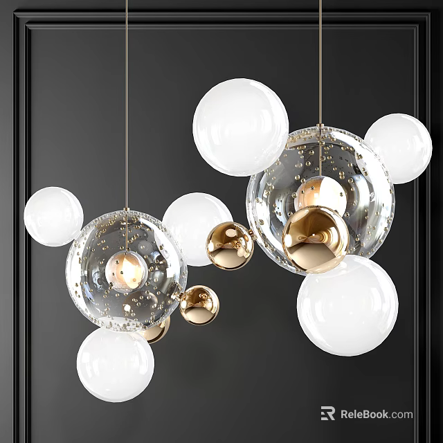 Modern Hanging Chandelier With Transparent Glass Balls White Spheres And Gold Accents 3d model 