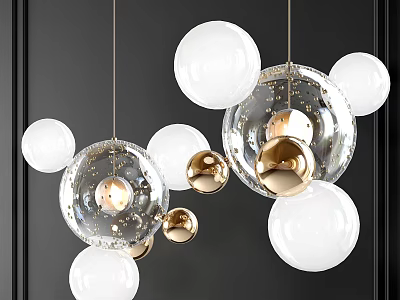 Modern Hanging Chandelier With Transparent Glass Balls White Spheres And Gold Accents 3d model
