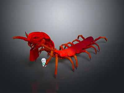 Red Centipede 3D Model With Small White Cup On Dark Background 3d model