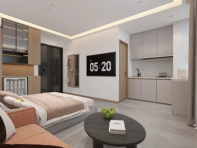 Modern Apartment Interior With Bedroom Sofa Small Table Digital Clock And Kitchen Cabinets 3d model