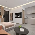 Modern Apartment Interior With Bedroom Sofa Small Table Digital Clock And Kitchen Cabinets