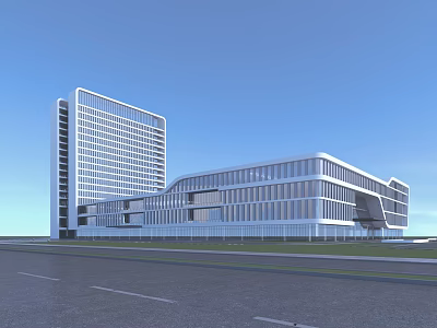 Modern Hospital Building With High Rise And Low Rise Glass Curtain Walls 3d model