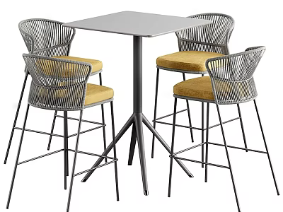 Modern Bar Table With Metal Frame Chairs Woven Backrest And Yellow Padded Seats 3d model