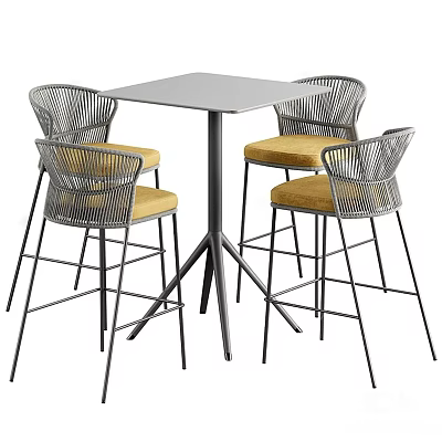 Modern Bar Table With Metal Frame Chairs Woven Backrest And Yellow Padded Seats 3d model