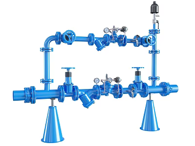 Blue Industrial Pipeline System With Valves Pressure Gauges Tee Joints And Metal Supports 3d model